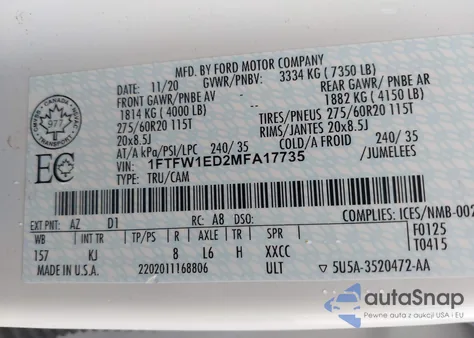 2021 Ford F-150 King Ranch из США, поврежденный, VIN 1FTFW1ED2MFA17735